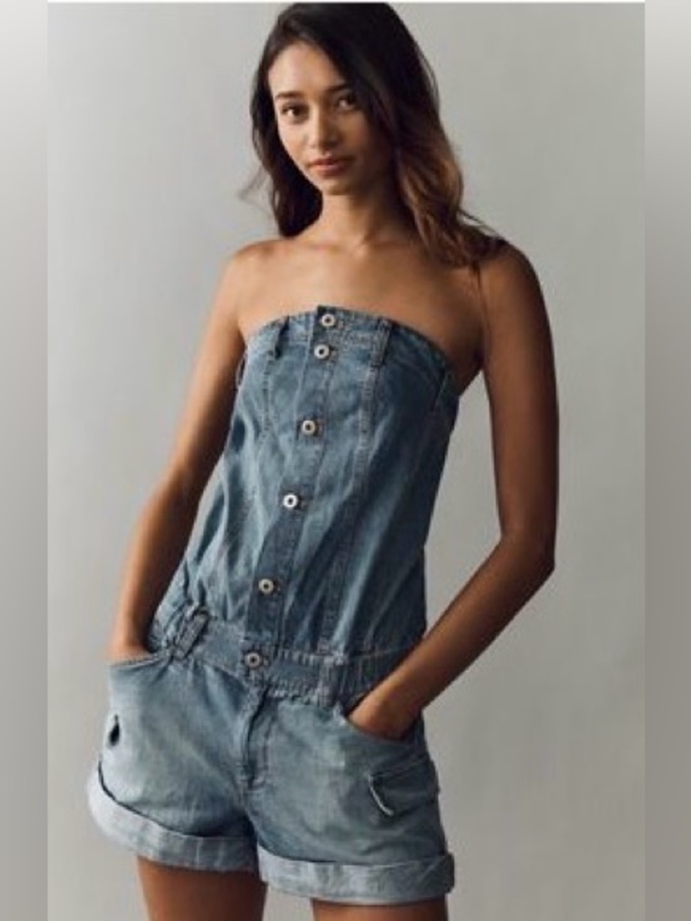 Anthropologie Pilcro Strapless Button-Front Denim Romper Size Large NWOT